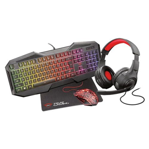 Combo Gamer Trust 4 en 1 GTX 1180RW Azor Teclado Audifono Mouse Pad Mouse